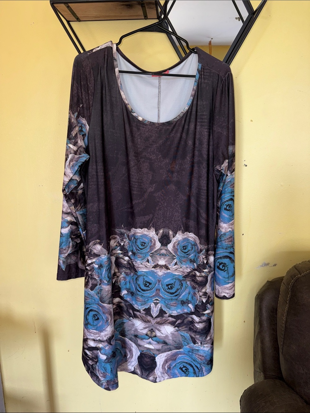 Black Long-Sleeve Dress with Blue Rose Print